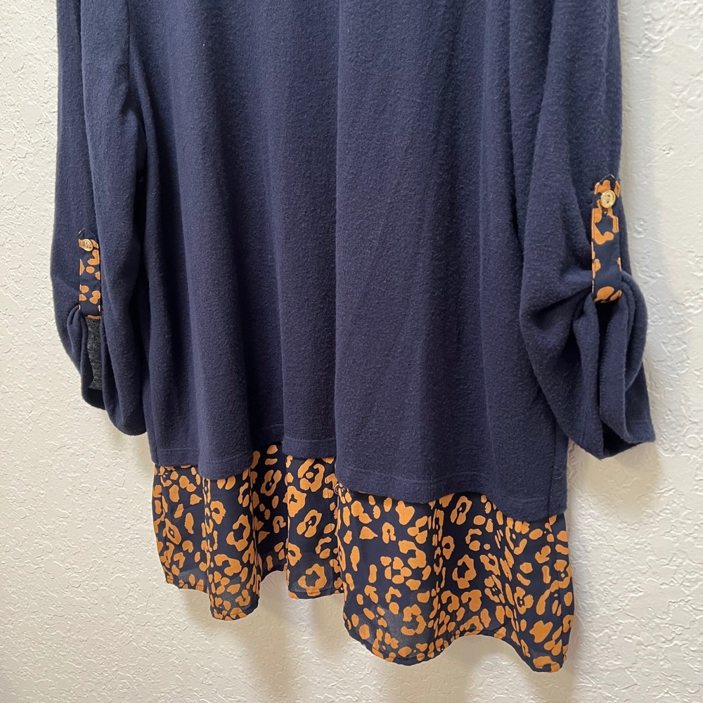 Dressbarn Womens 2X Navy Blue Leopard Print Layered Look Roll Tab Sleeve Top - Picture 2 of 7